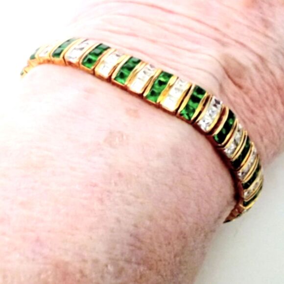 Sterling Vermeil Green and Clear Channel Set Crystal Tennis Bracelet - Picture 6 of 7